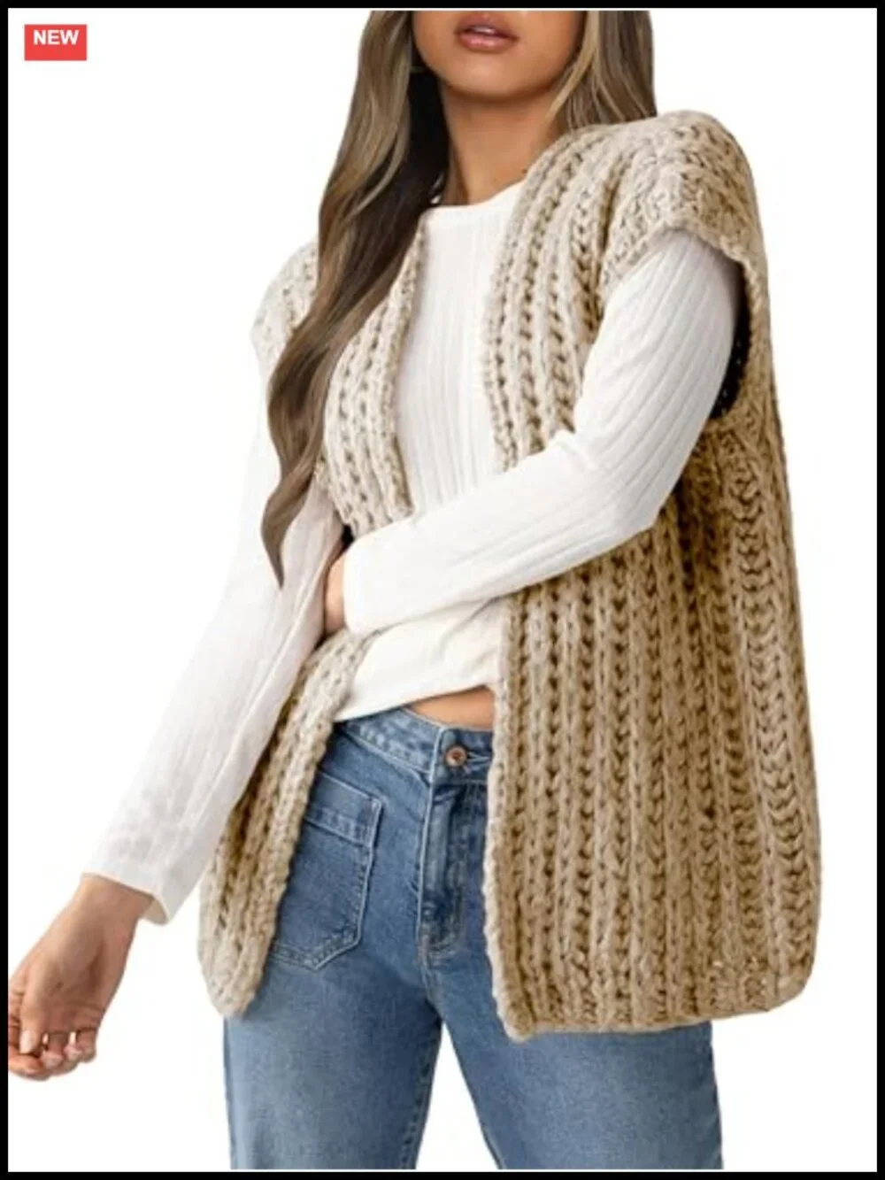 Chunky Knit Crochet Sweater Vest V-Neck Open Front Cap Sleeve Womens Top Apricot